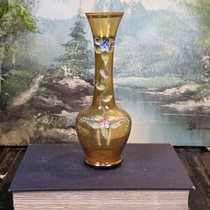 Vintage Amber Glass Bud Vase Hand Painted Floral Enamel Japan 8" Gold Rim Retro